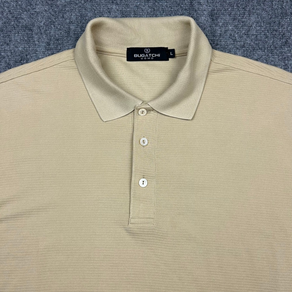 Bugatchi Uomo Polo Shirt Mens L Tan Beige Ribbed Modal Blend Short Sleeve Preppy